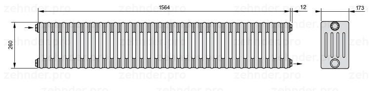 Схема (чертеж) Радиатор Zehnder Charleston 5026/34 №1670 Белый глянцевый RAL 9016